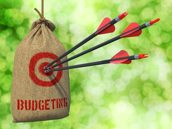 Budgeting - Three Arrows Hit in Red Target on a Hanging Sack on Green Bokeh Background.