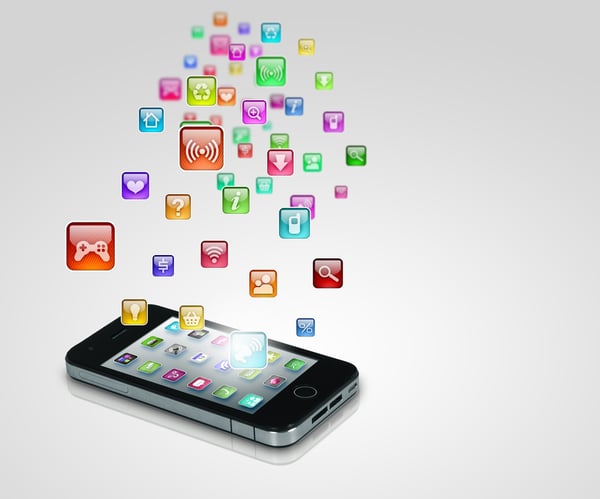 Media technology illustration with mobile phone and icons